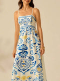 Palm Print Smocked Bodice Maxi Sundress - White