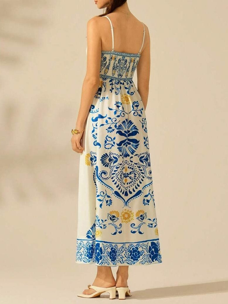 Palm Print Smocked Bodice Maxi Sundress - White - 1