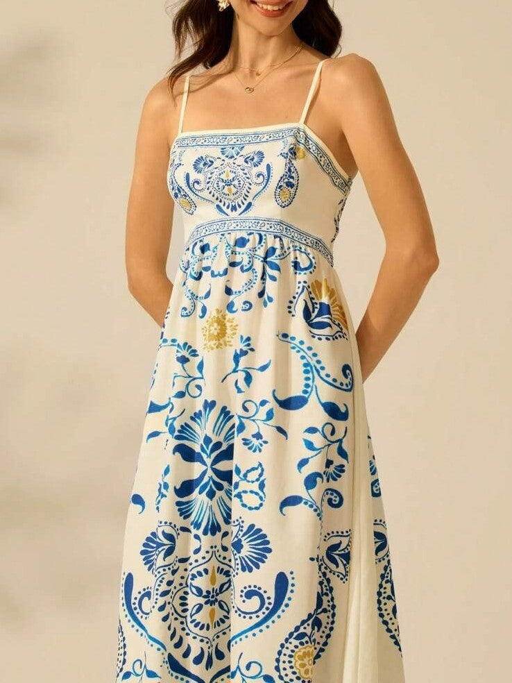 Palm Print Smocked Bodice Maxi Sundress - White - 2