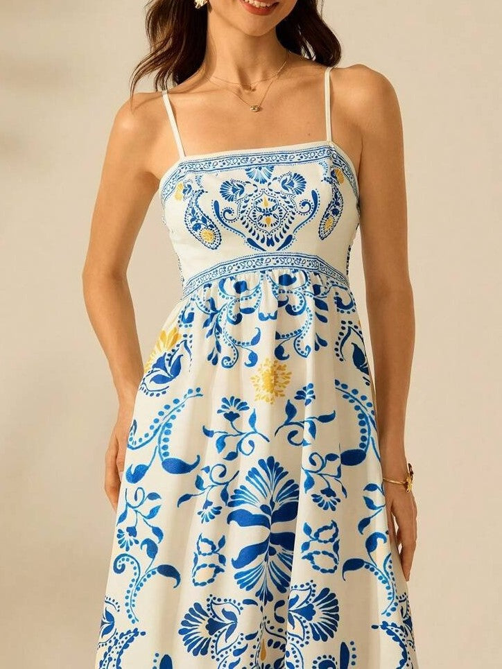 Palm Print Smocked Bodice Maxi Sundress - White - 3