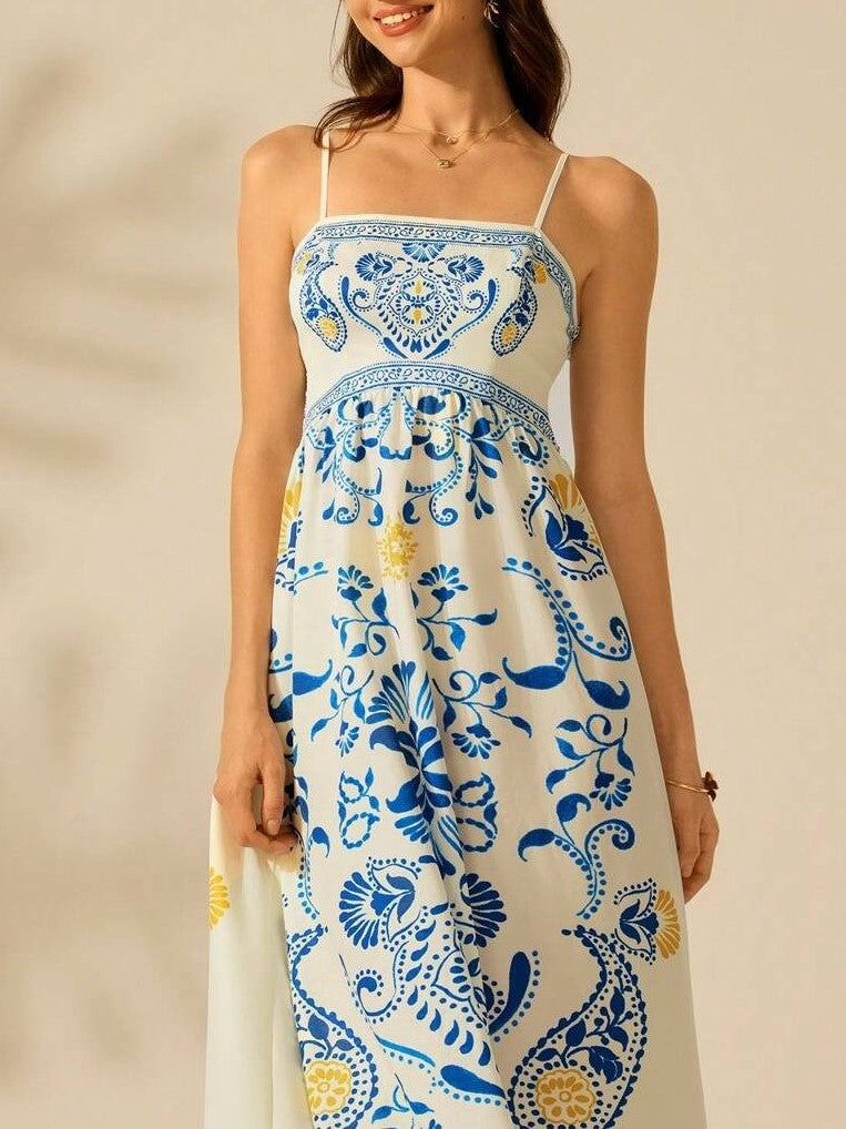 Palm Print Smocked Bodice Maxi Sundress - White - 4