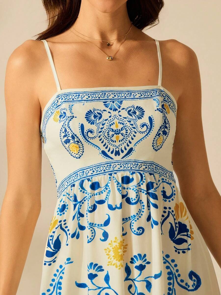 Palm Print Smocked Bodice Maxi Sundress - White - 5