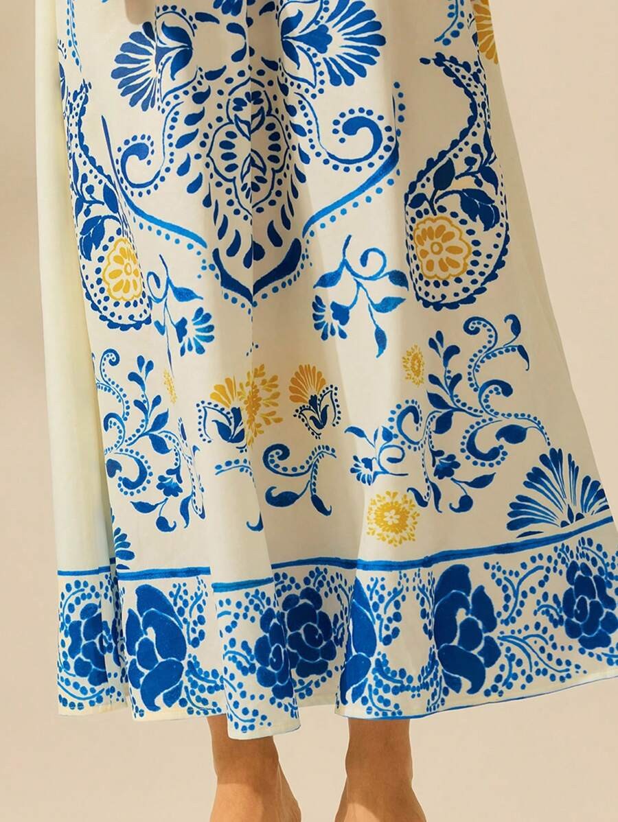 Palm Print Smocked Bodice Maxi Sundress - White - 6