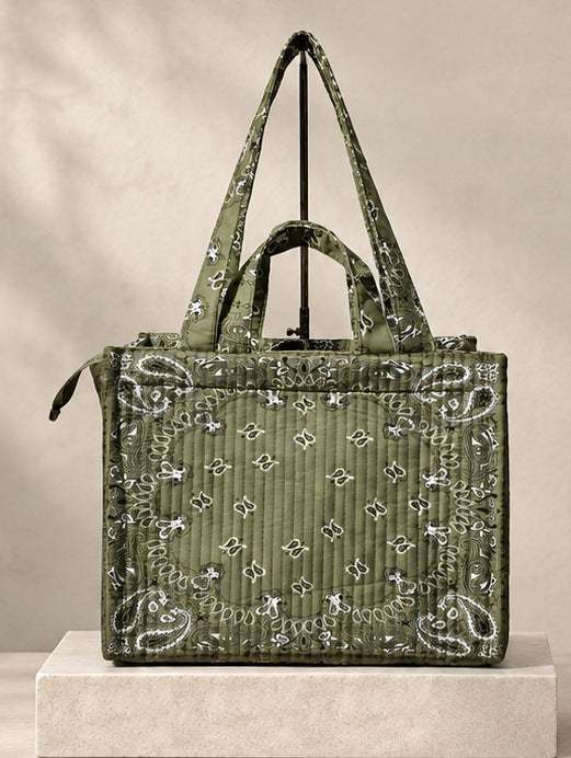 Bandana Print Quilted Zip Top Structured Tote Bag - Army_Green