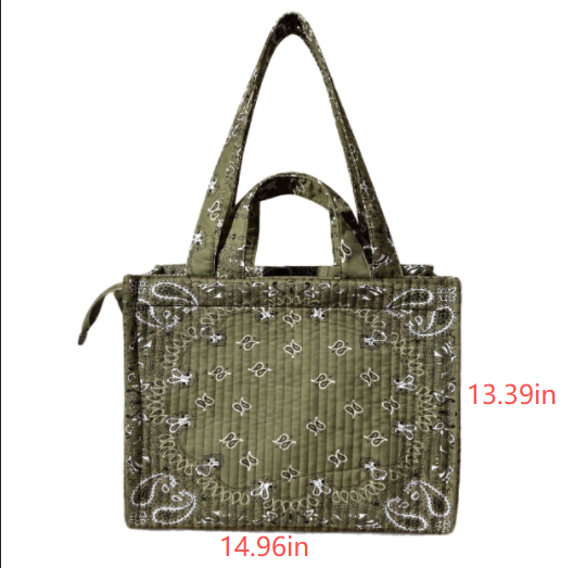 Bandana Print Quilted Zip Top Structured Tote Bag - Army_Green - 1
