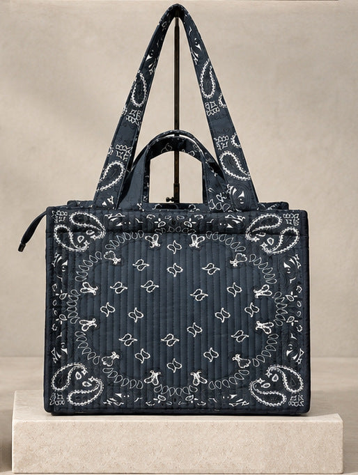 Bandana Print Quilted Zip Top Structured Tote Bag - Dark_Blue