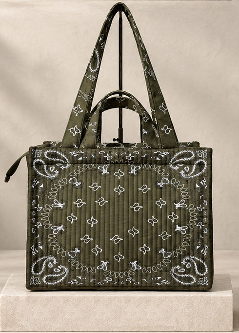 Bandana Print Quilted Zip Top Structured Tote Bag - Dark_Green