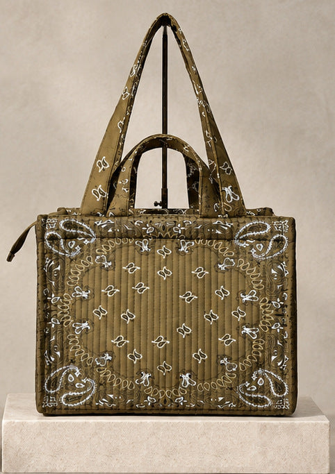 Bandana Print Quilted Zip Top Structured Tote Bag - Khaki