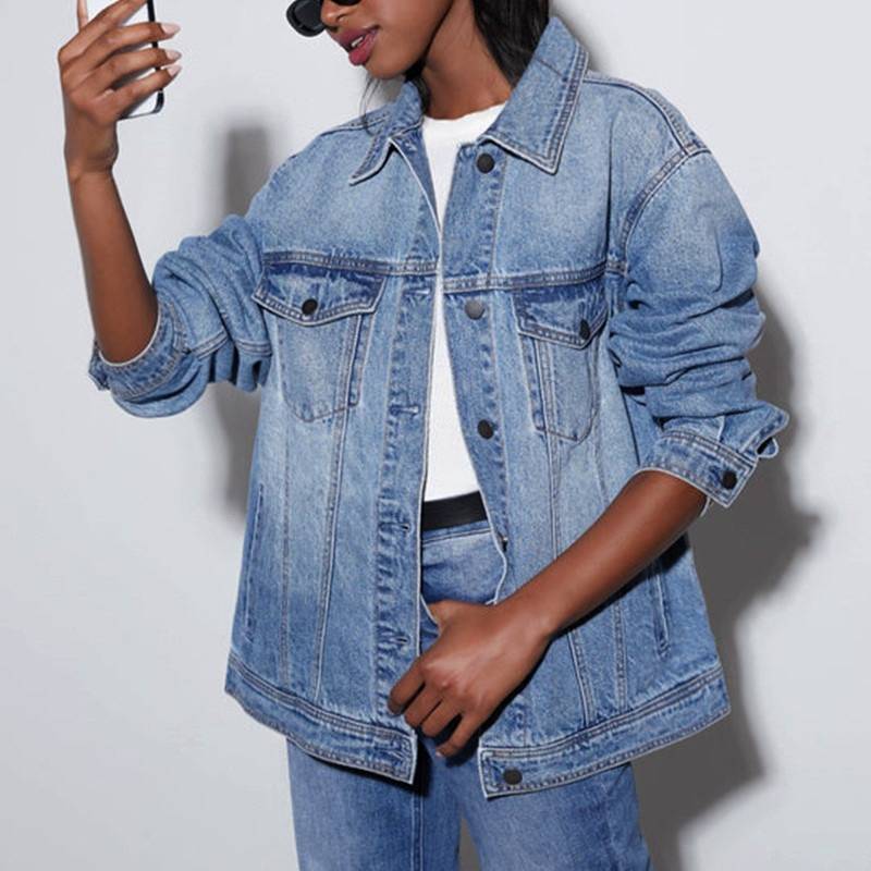 Oversized Washed Denim Trucker Jacket - Blue