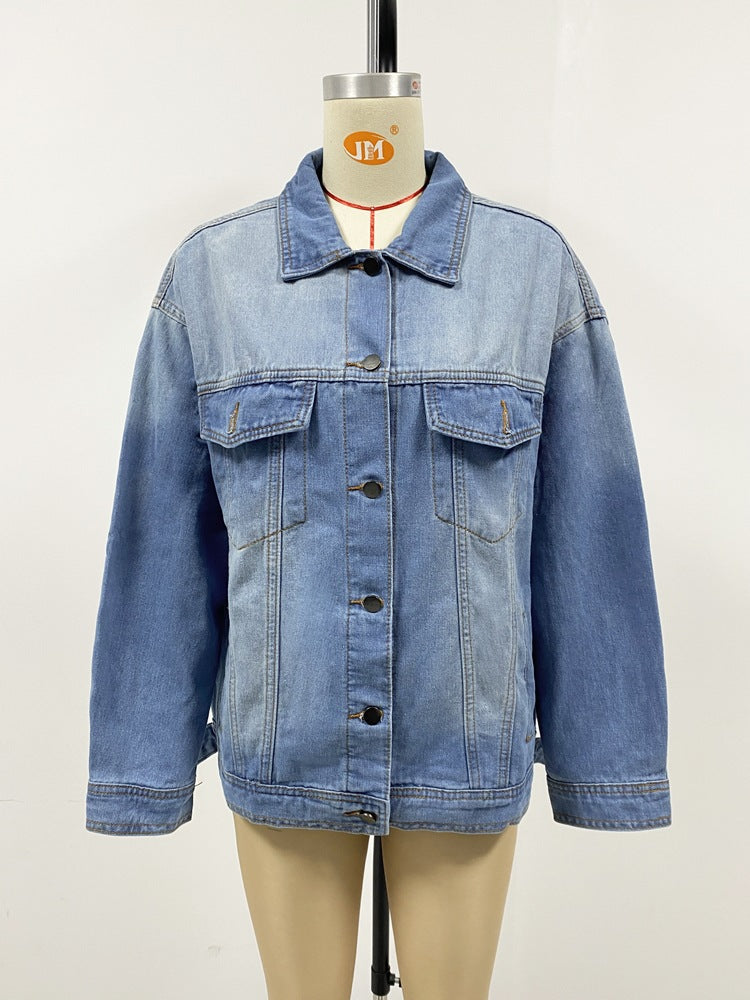 Oversized Washed Denim Trucker Jacket - Blue - 1