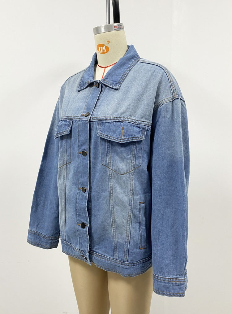 Oversized Washed Denim Trucker Jacket - Blue - 2