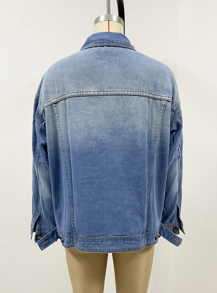 Oversized Washed Denim Trucker Jacket - Blue - 3