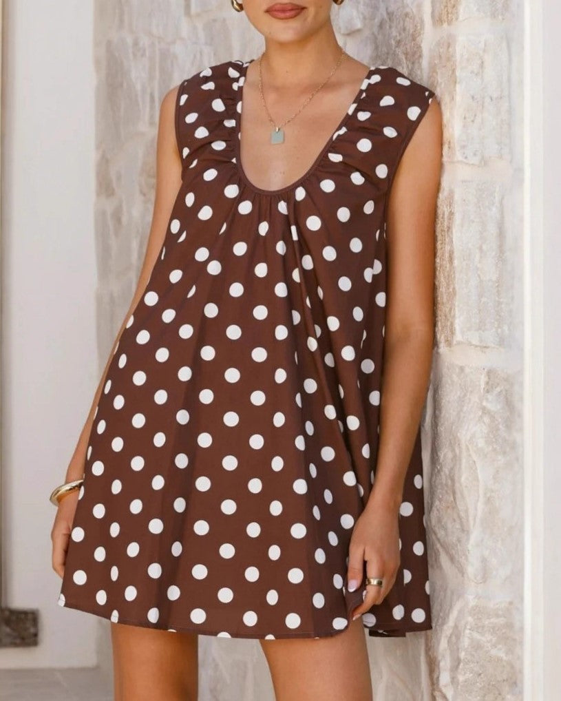 Sleeveless Ruched Shoulder Trapeze Mini Dress - Coffee