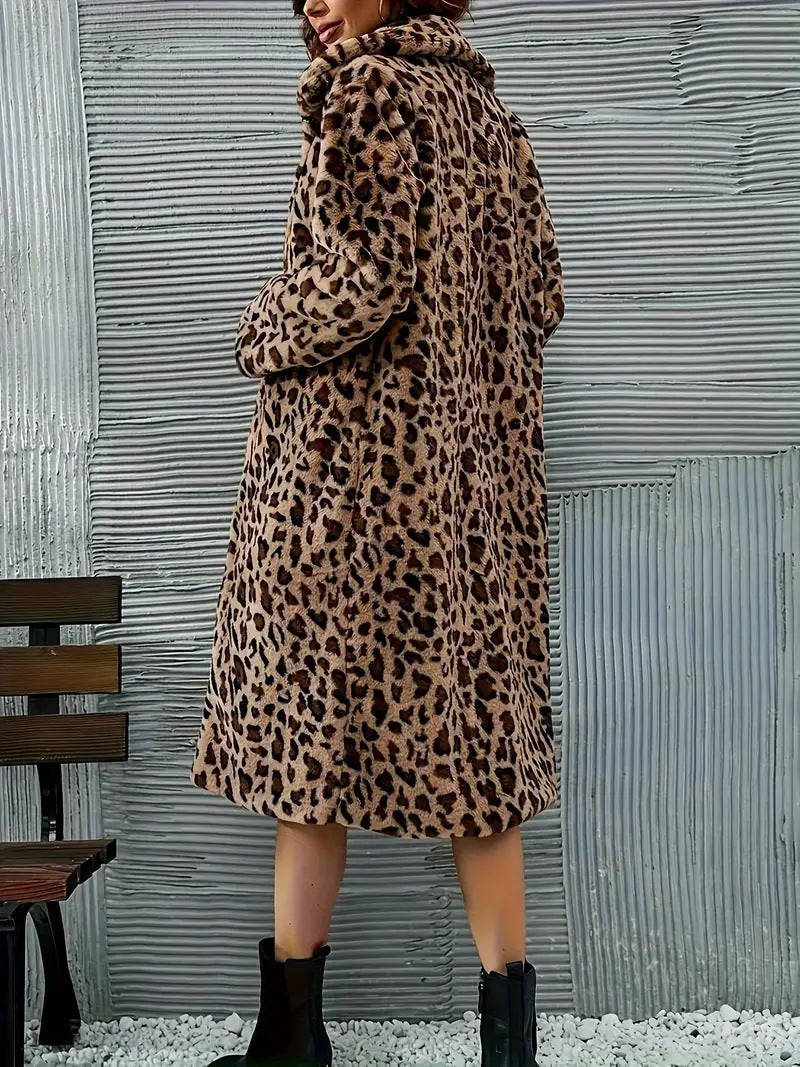 Longline Faux Fur Leopard Lapel Coat