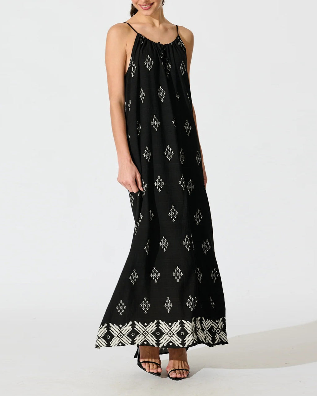 Diamond Print Border Hem Slip Maxi Dress - Black