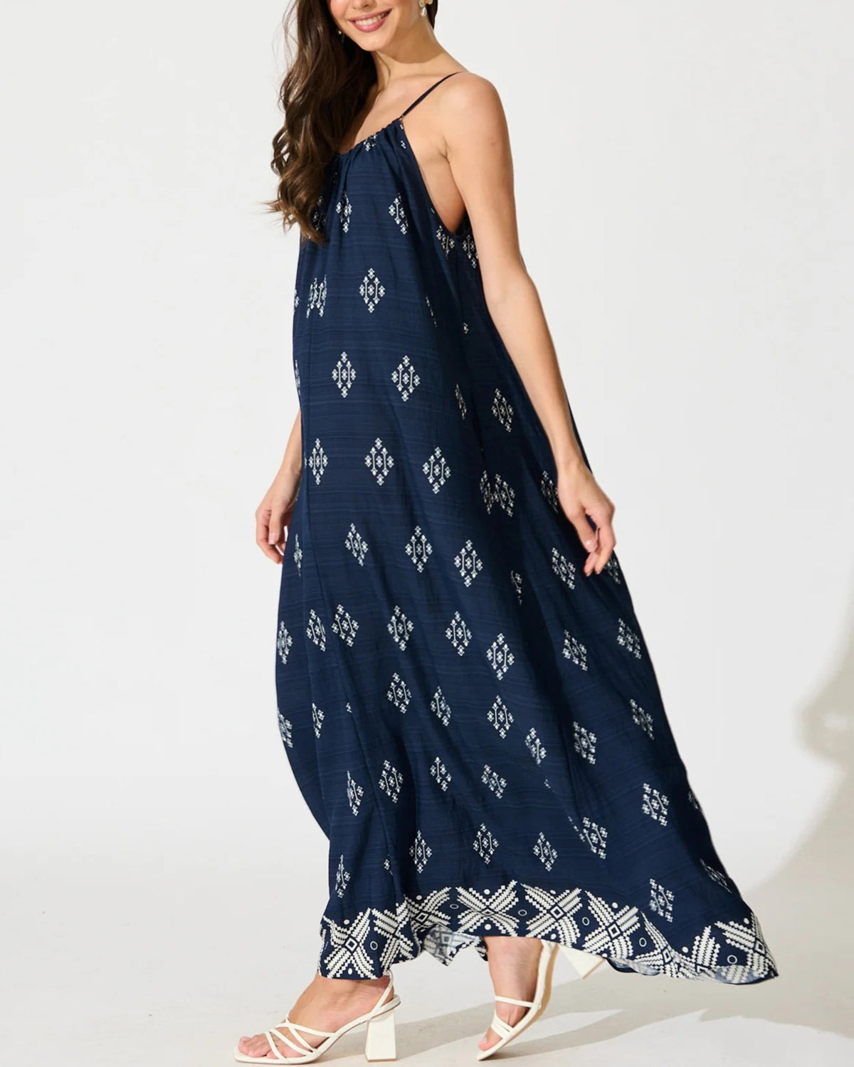 Diamond Print Border Hem Slip Maxi Dress - Navy-Blue