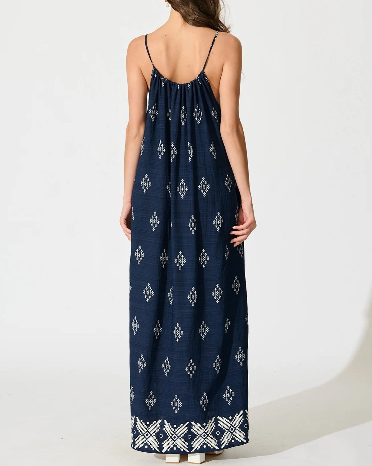 Diamond Print Border Hem Slip Maxi Dress - Navy-Blue - 1