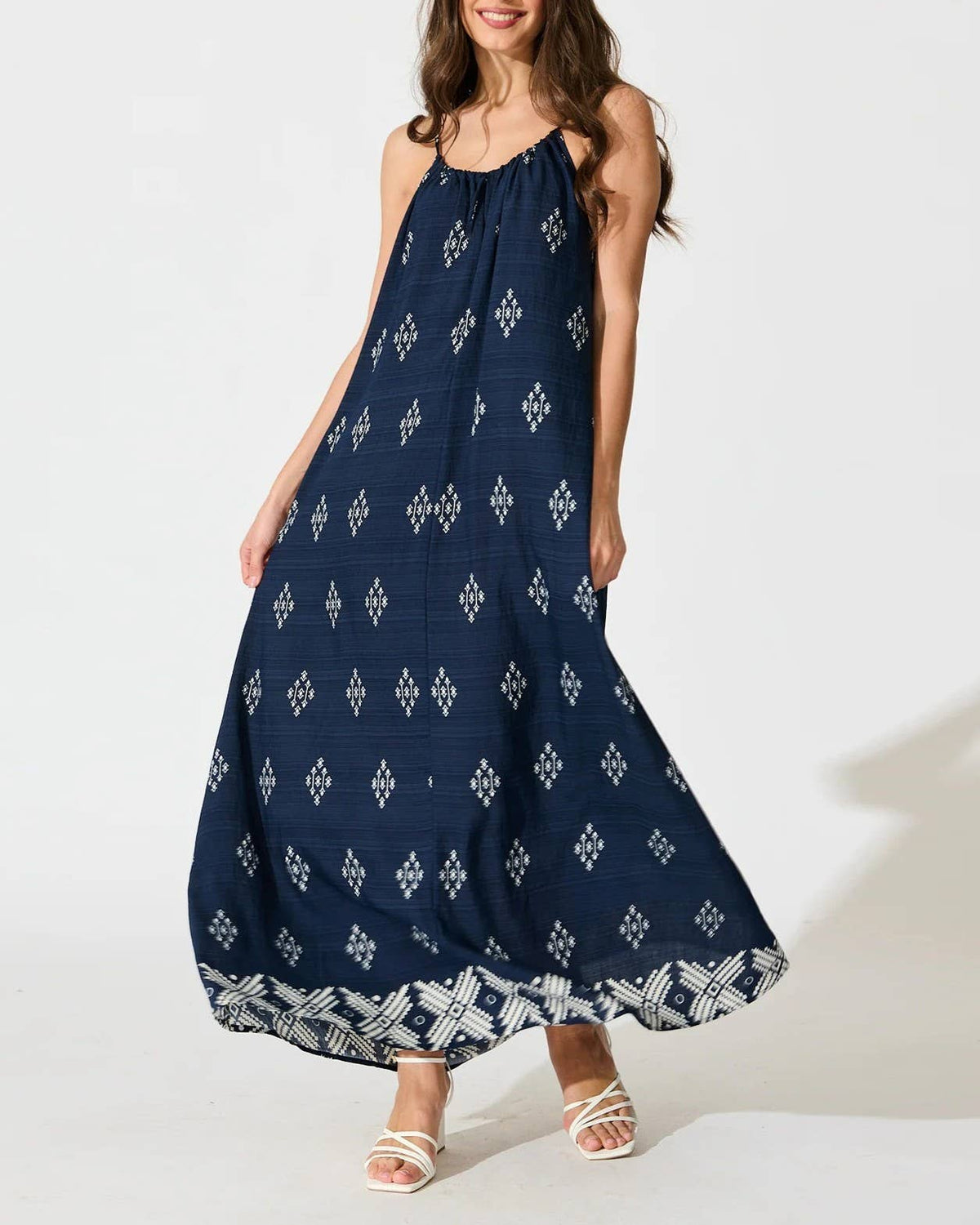 Diamond Print Border Hem Slip Maxi Dress