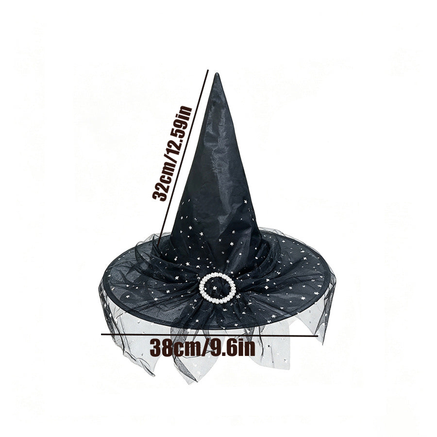 Pointed Witch Hat With Glitter Tulle Veil - Black - 1