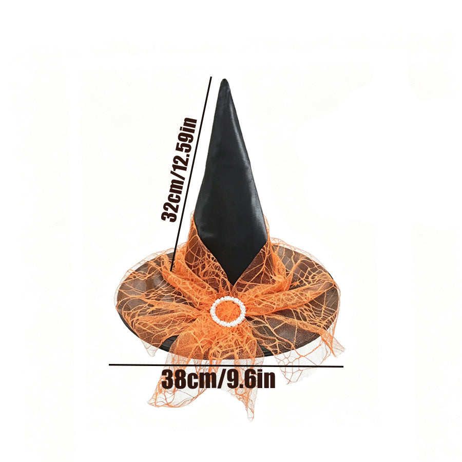 Pointed Witch Hat With Glitter Tulle Veil - Orange