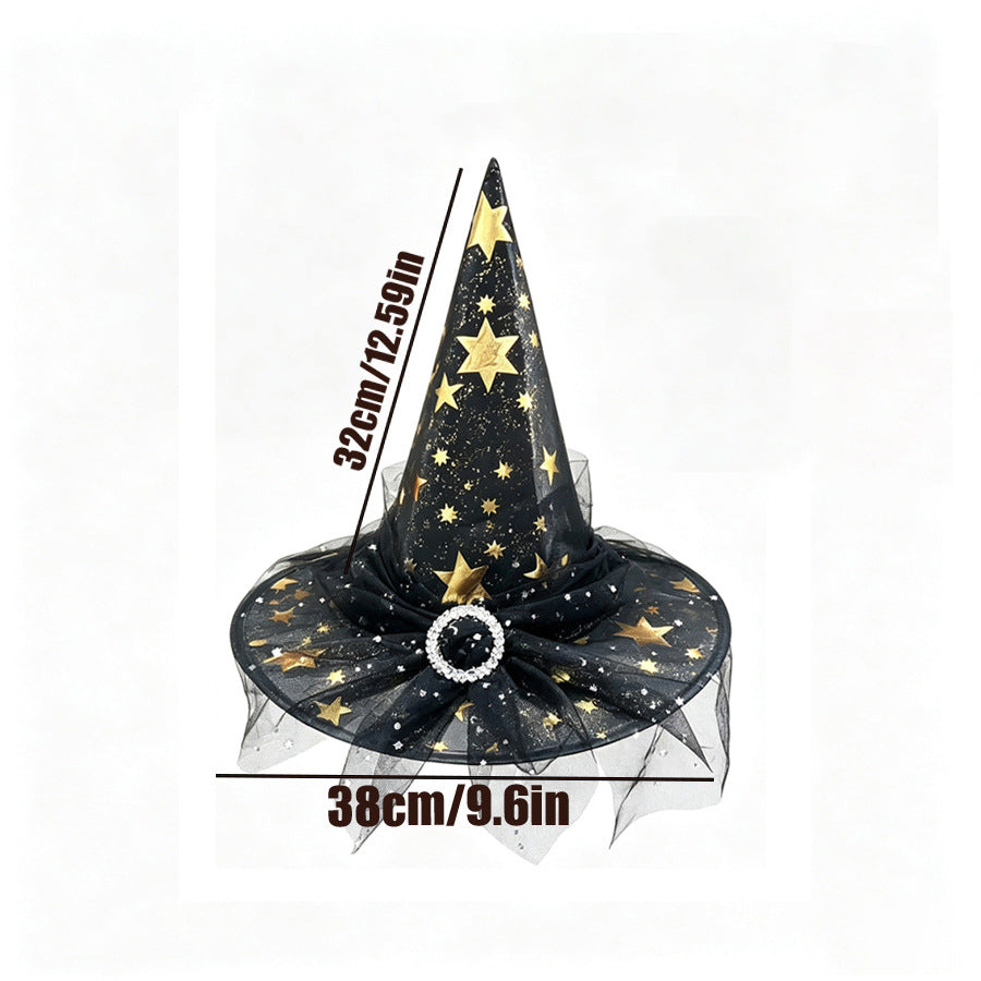 Pointed Witch Hat With Glitter Tulle Veil - Pentagram