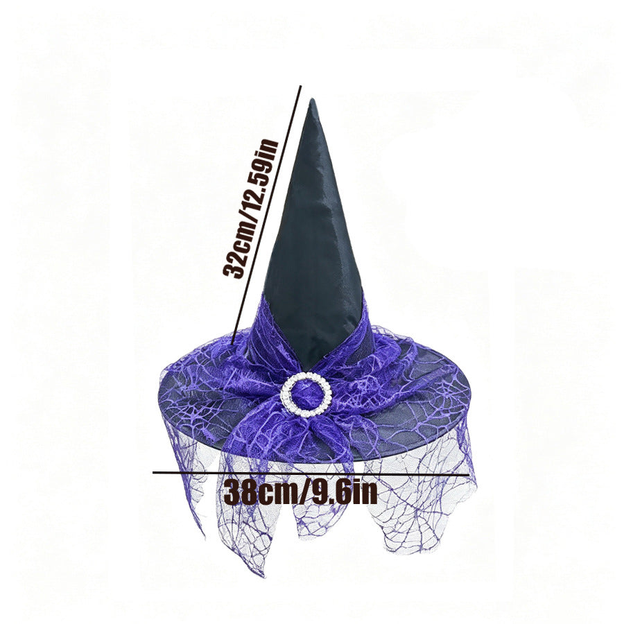 Pointed Witch Hat With Glitter Tulle Veil - Purple