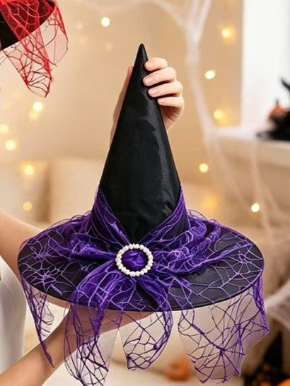 Pointed Witch Hat With Glitter Tulle Veil - Purple - 1