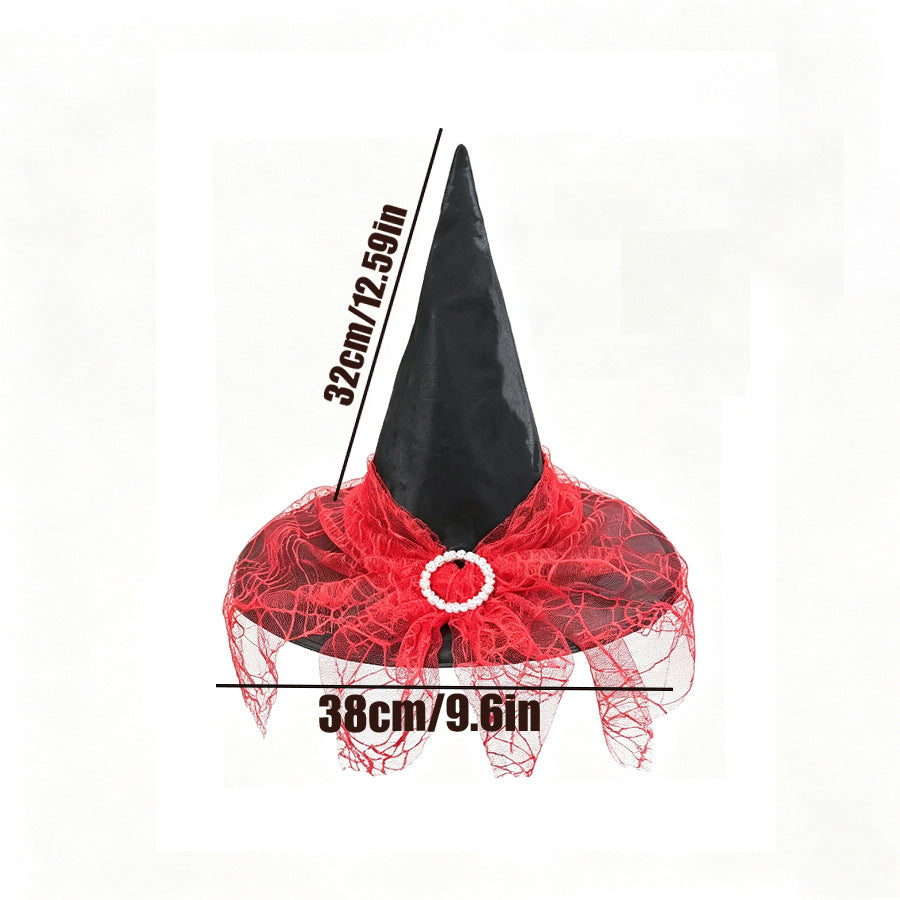 Pointed Witch Hat With Glitter Tulle Veil - Red