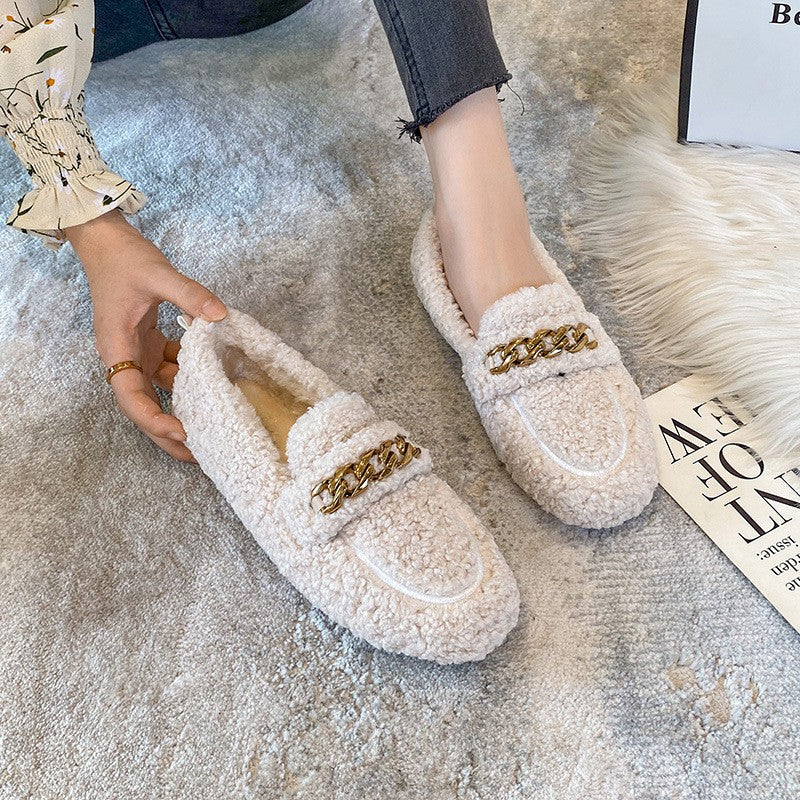 Sherpa Chain Loafers with Nubbed Rubber Sole - Cream