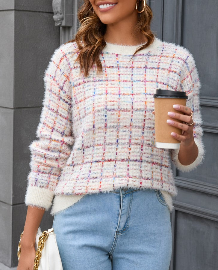 Fuzzy Plaid Check Crewneck Knit Sweater - Apricot - 1