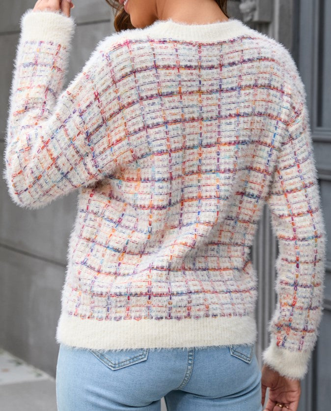 Fuzzy Plaid Check Crewneck Knit Sweater - Apricot - 3