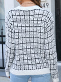 Fuzzy Plaid Check Crewneck Knit Sweater - Black