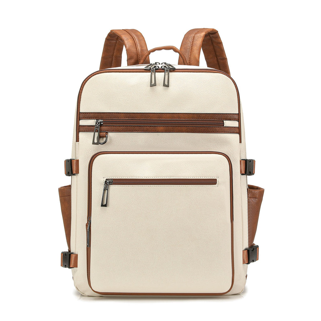 Two-Tone Faux Leather Laptop Backpack - Cream
