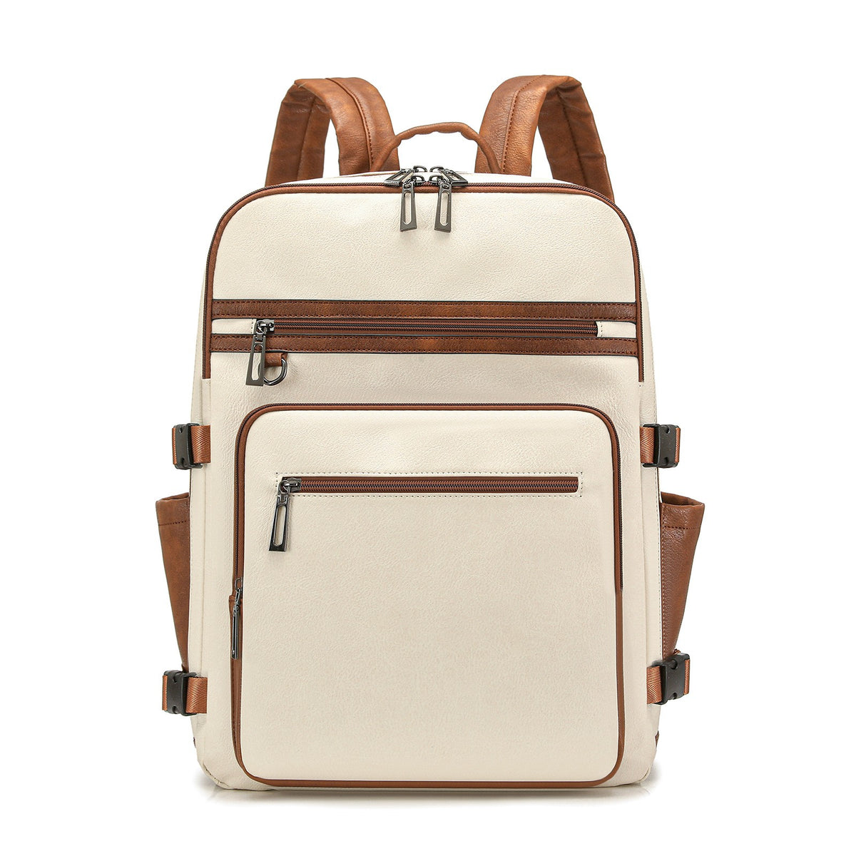 Two-Tone Faux Leather Laptop Backpack - Cream