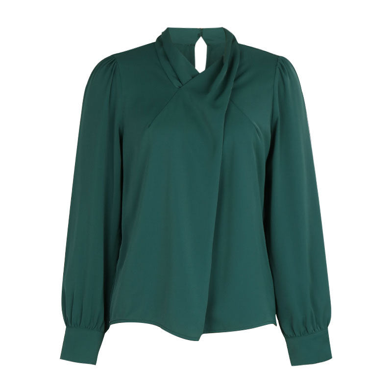 Draped Crossover Neck Blouse Long Sleeves - Green