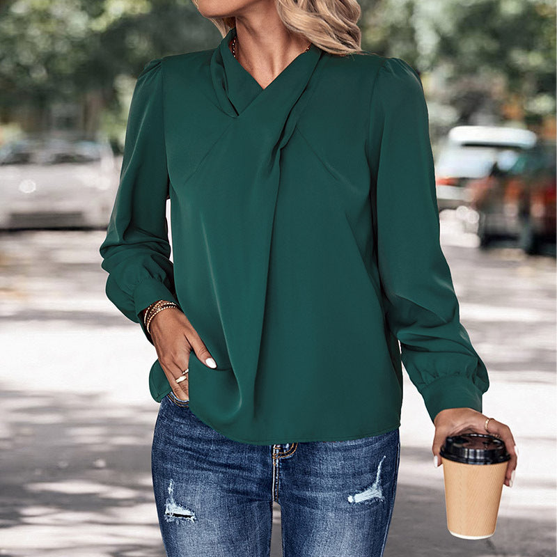 Draped Crossover Neck Blouse Long Sleeves - Green - 5