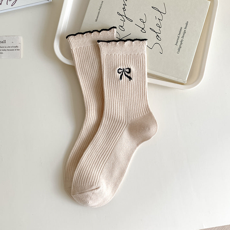 Ribbed Bow Embroidered Crew Socks - Beige