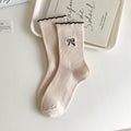 Ribbed Bow Embroidered Crew Socks - Beige