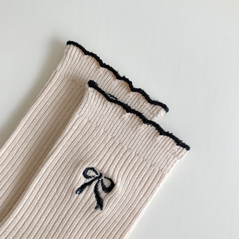 Ribbed Bow Embroidered Crew Socks - Beige - 2