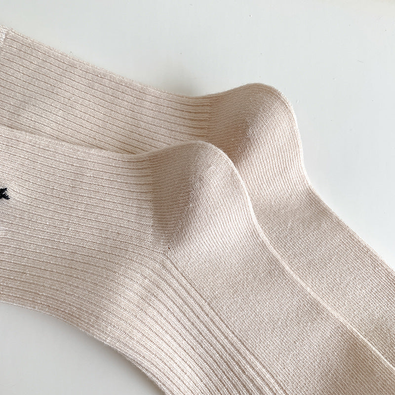 Ribbed Bow Embroidered Crew Socks - Beige - 3