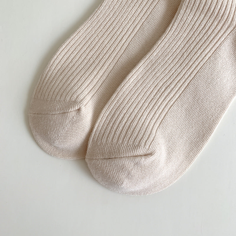 Ribbed Bow Embroidered Crew Socks - Beige - 4
