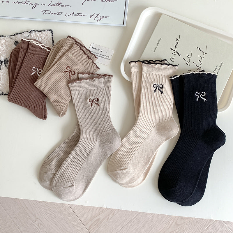Ribbed Bow Embroidered Crew Socks - Beige - 5