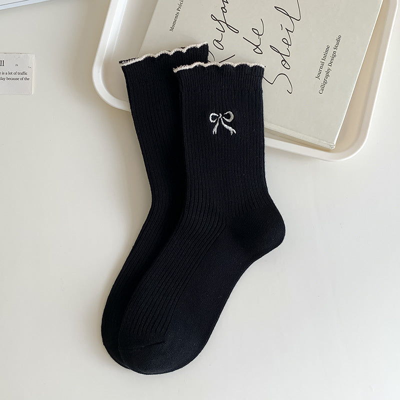 Ribbed Bow Embroidered Crew Socks - Black