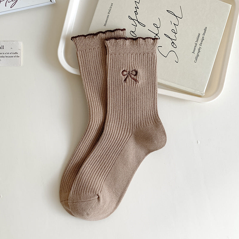 Ribbed Bow Embroidered Crew Socks - Brown