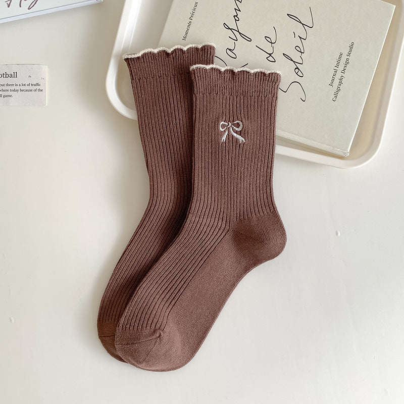 Ribbed Bow Embroidered Crew Socks - Coffee