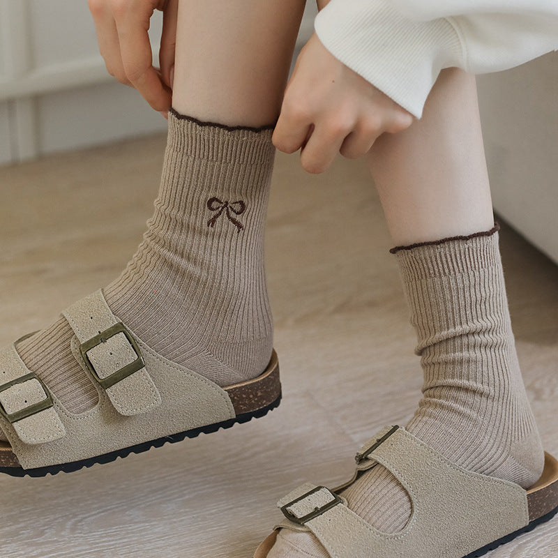 Ribbed Bow Embroidered Crew Socks - Khaki