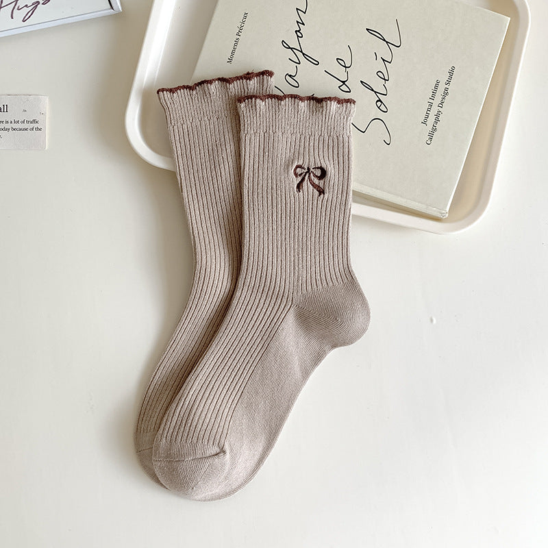 Ribbed Bow Embroidered Crew Socks - Khaki - 1