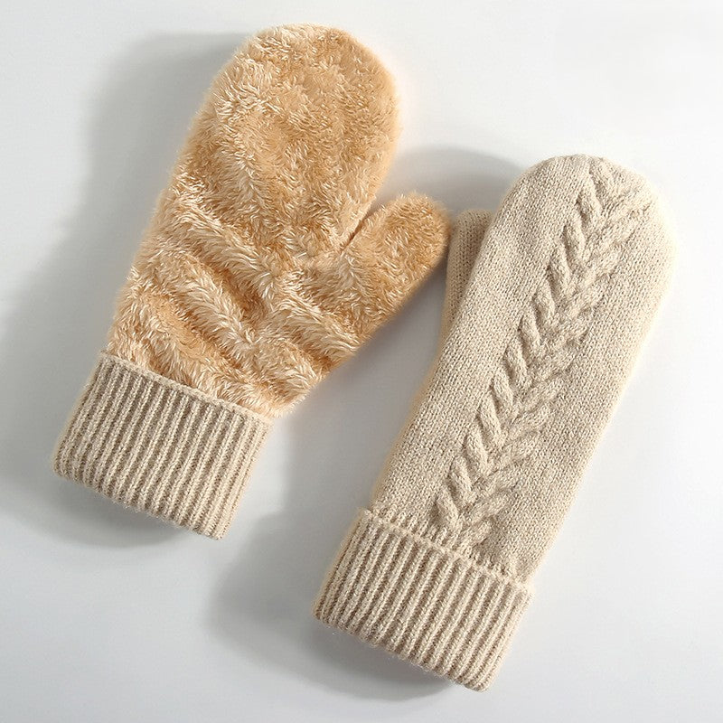 Fleece Lined Cable Knit Mittens - Beige