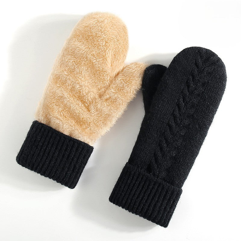 Fleece Lined Cable Knit Mittens - Black