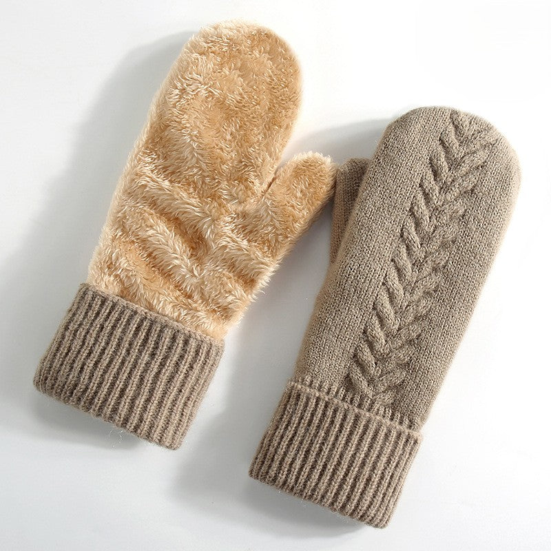 Fleece Lined Cable Knit Mittens - Khaki